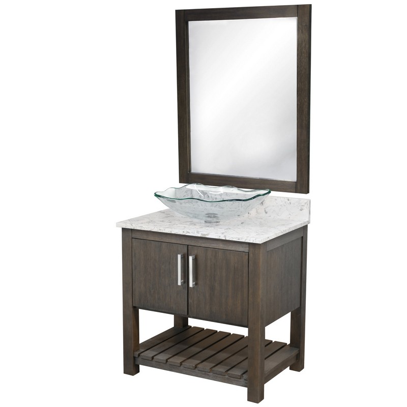 NOVATTO NOBV-30-6001-317C-MIR 30 INCH FREE-STANDING SINGLE VESSEL CLEAR GLASS SINK BATHROOM VANITY WITH CAFE MOCHA QUARTZ TOP AND MIRROR