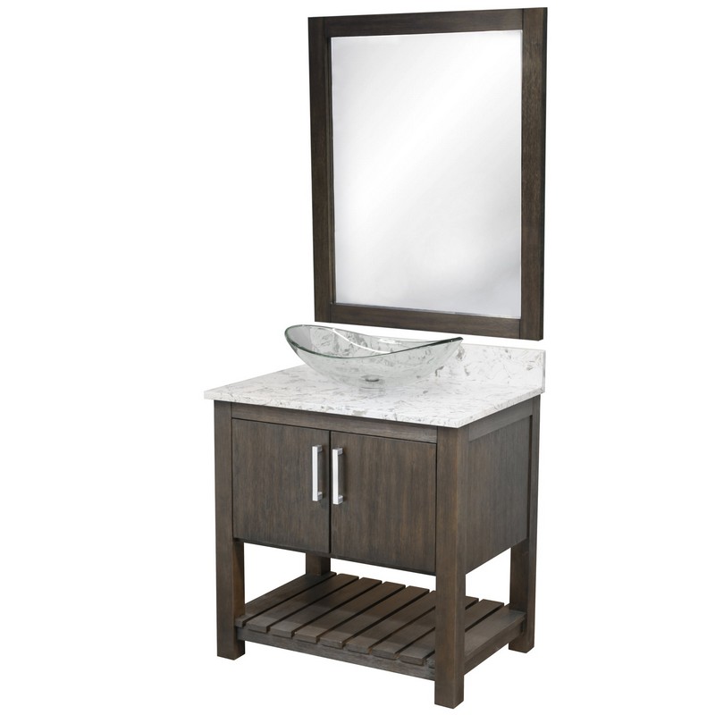 NOVATTO NOBV-30-6001-324C-MIR 30 INCH FREE-STANDING SINGLE VESSEL CLEAR GLASS SINK BATHROOM VANITY WITH CAFE MOCHA QUARTZ TOP AND MIRROR