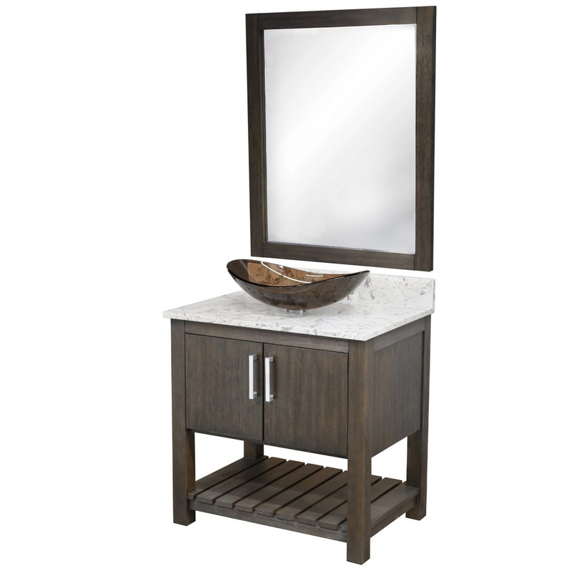 NOVATTO NOBV-30-6001-324T-MIR 30 INCH FREE-STANDING SINGLE VESSEL BROWN GLASS SINK BATHROOM VANITY WITH CAFE MOCHA QUARTZ TOP AND MIRROR