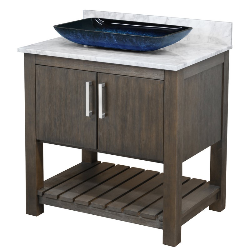 NOVATTO NOBV-30-CAR-19034 30 INCH FREE-STANDING SINGLE VESSEL BLUE GLASS SINK BATHROOM VANITY WITH CARRARA MARBLE TOP
