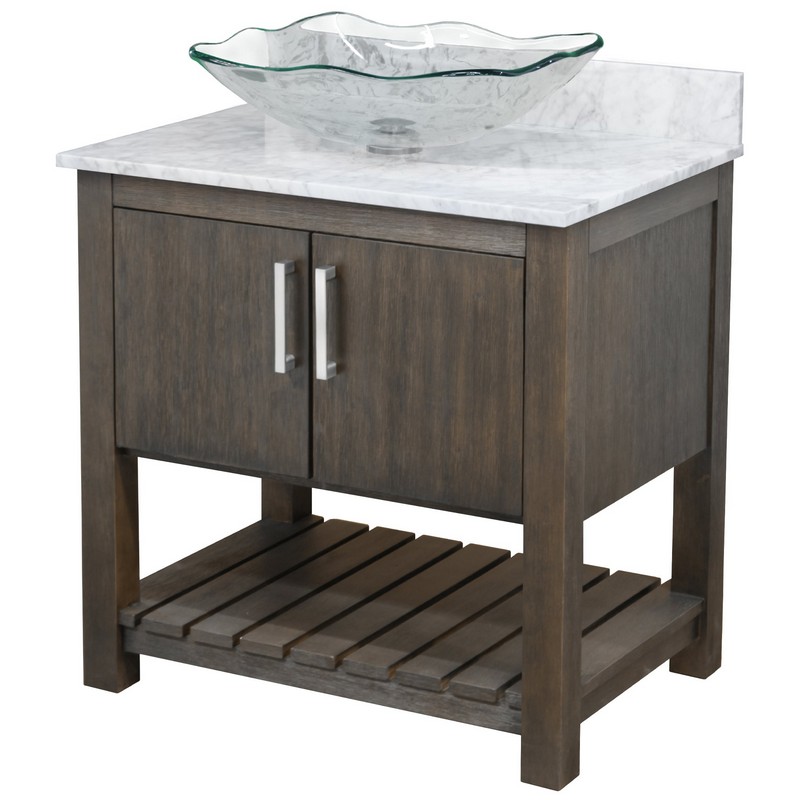 NOVATTO NOBV-30-CAR-317C 30 INCH FREE-STANDING SINGLE VESSEL CLEAR GLASS SINK BATHROOM VANITY WITH CARRARA MARBLE TOP