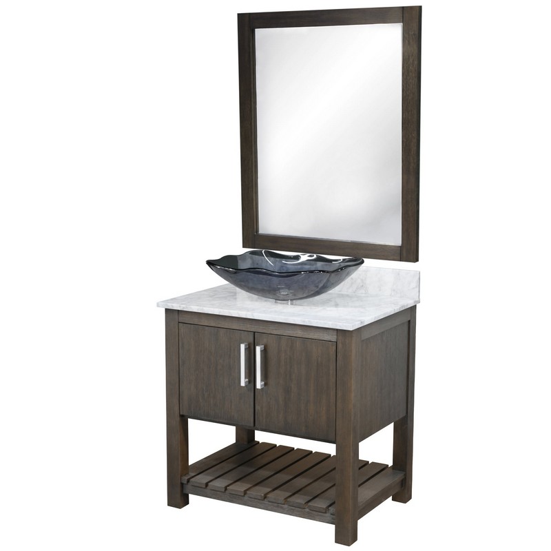 NOVATTO NOBV-30-CAR-317G-MIR 30 INCH FREE-STANDING SINGLE VESSEL GREY GLASS SINK BATHROOM VANITY WITH CARRARA MARBLE TOP AND MIRROR