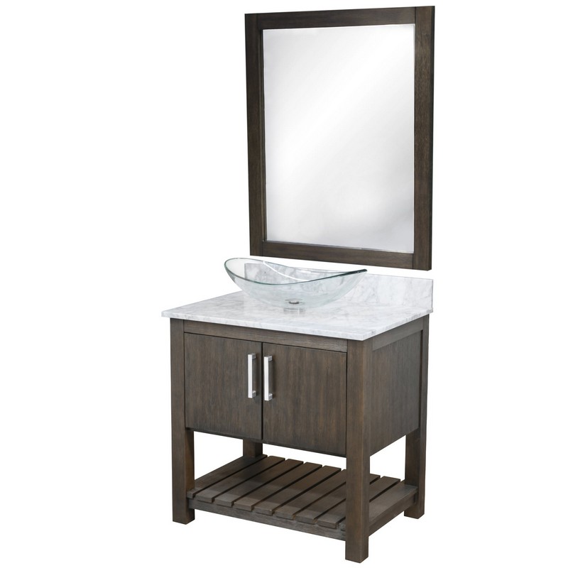 NOVATTO NOBV-30-CAR-324C-MIR 30 INCH FREE-STANDING SINGLE VESSEL CLEAR GLASS SINK BATHROOM VANITY WITH CARRARA MARBLE TOP AND MIRROR