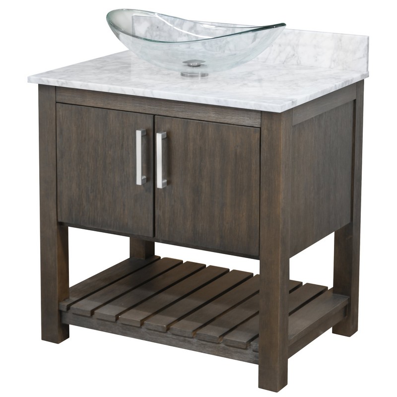 NOVATTO NOBV-30-CAR-324C 30 INCH FREE-STANDING SINGLE VESSEL CLEAR GLASS SINK BATHROOM VANITY WITH CARRARA MARBLE TOP