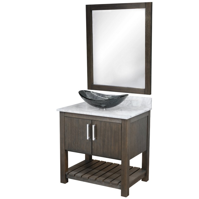 NOVATTO NOBV-30-CAR-324G-MIR 30 INCH FREE-STANDING SINGLE VESSEL GREY GLASS SINK BATHROOM VANITY WITH CARRARA MARBLE TOP AND MIRROR