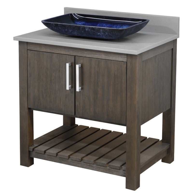 NOVATTO NOBV-30CM-280-19034 30 INCH FREE-STANDING SINGLE VESSEL BLUE GLASS SINK BATHROOM VANITY WITH STORM GREY QUARTZ TOP