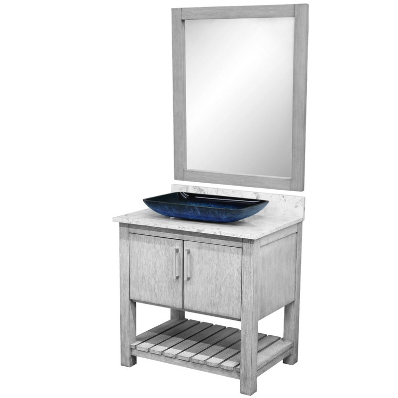 NOVATTO NOBV-30SG-6001-19034-MIR 30 INCH FREE-STANDING SINGLE VESSEL BLUE GLASS SINK BATHROOM VANITY WITH CAFE MOCHA QUARTZ TOP AND MIRROR