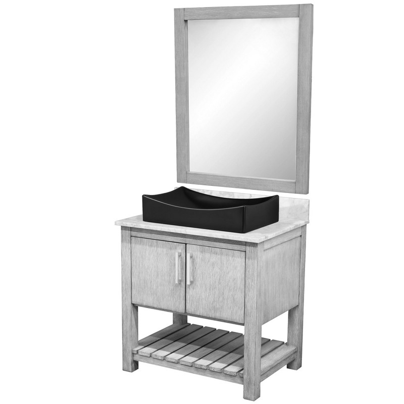 NOVATTO NOBV-30SG-CAR-1141MB-MIR 30 INCH FREE-STANDING SINGLE VESSEL MATTE BLACK PORCELAIN SINK BATHROOM VANITY WITH CARRARA MARBLE TOP AND MIRROR