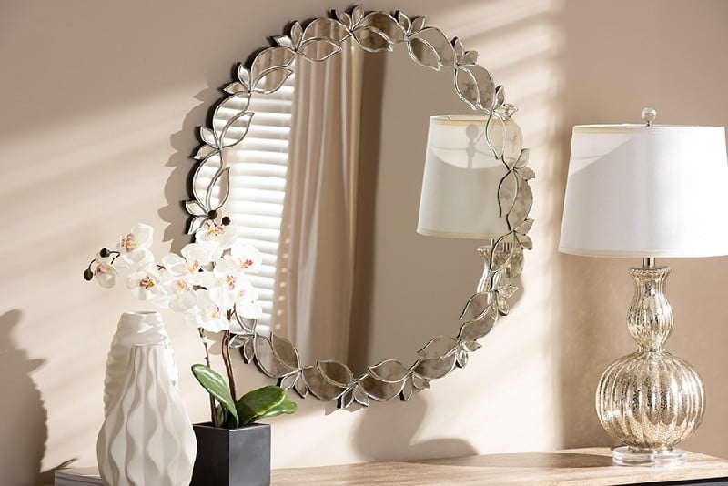 BAXTON STUDIO RXW-6175 LUIZA 32 INCH MODERN AND CONTEMPORARY ROUND PETAL LEAF ACCENT WALL MIRROR - SILVER