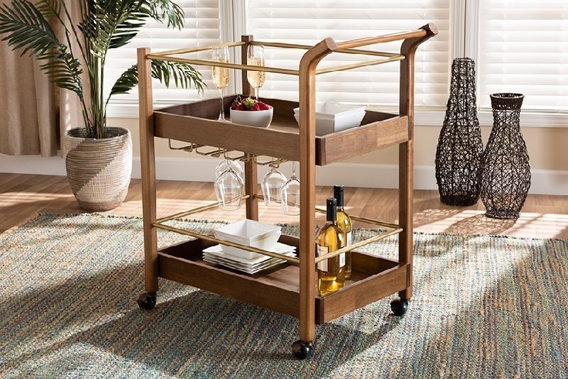 BAXTON STUDIO SR17060104-BROWN/DARK BRONZE TAHIR 32 1/8 INCH MODERN AND CONTEMPORARY WOOD AND METAL TWO-TIER MOBILE BAR CART - ANTIQUE GOLD AND WALNUT BROWN