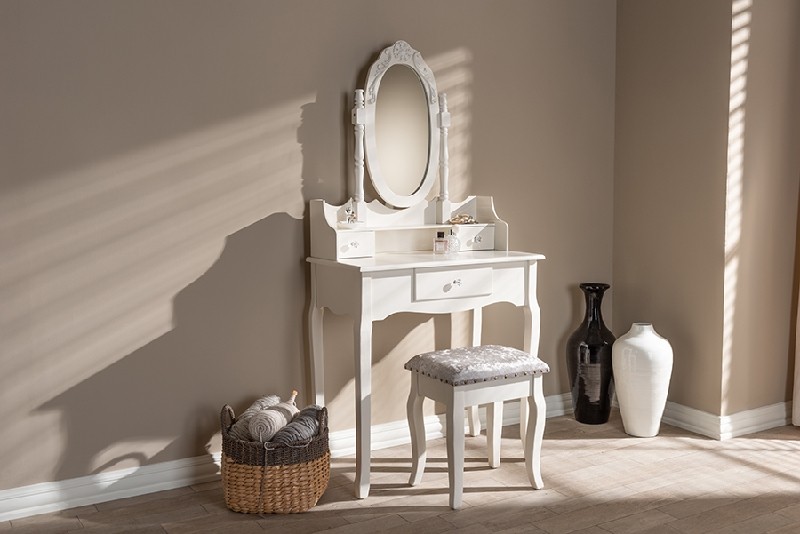 BAXTON STUDIO WF18-WHITE-VANITY VERONIQUE 29 1/2 INCH TRADITIONAL FRENCH PROVINCIAL WOOD TWO PIECE VANITY TABLE WITH MIRROR AND OTTOMAN - WHITE