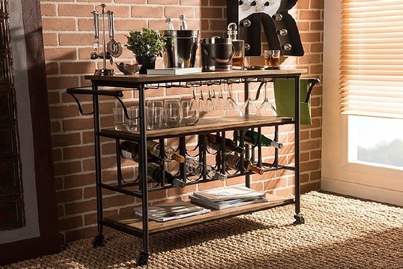 BAXTON STUDIO YLX-9044 BRADFORD 47 3/4 INCH RUSTIC INDUSTRIAL STYLE TEXTURED METAL AND WOOD MOBILE KITCHEN BAR SERVING WINE CART - ANTIQUE BLACK AND DISTRESSED