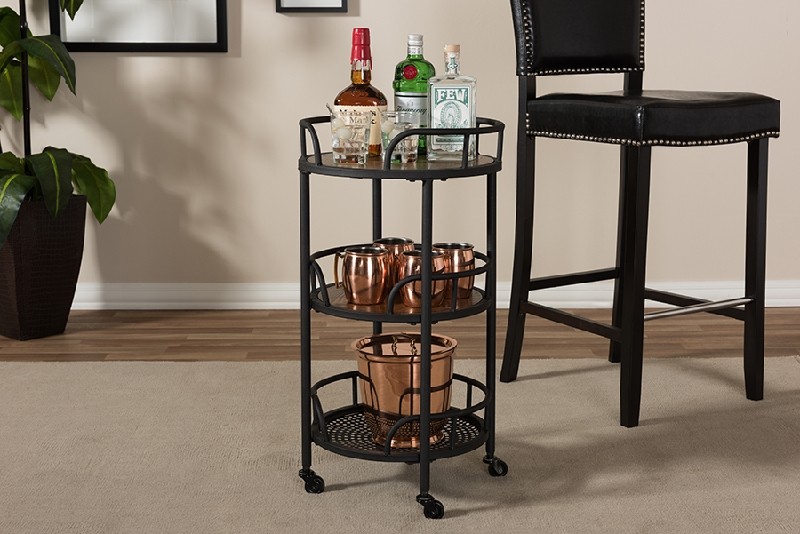 BAXTON STUDIO YLX-9052 BRISTOL 17 3/4 INCH RUSTIC INDUSTRIAL STYLE METAL AND WOOD MOBILE SERVING CART