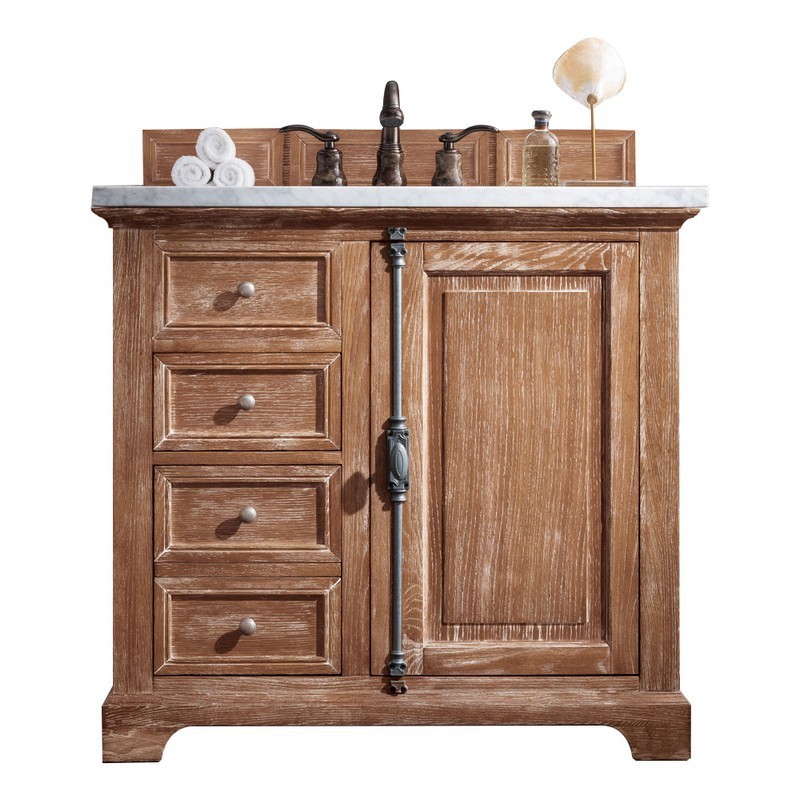 JAMES MARTIN 238-105-5511-3EJP PROVIDENCE 36 INCH SINGLE VANITY CABINET IN DRIFTWOOD WITH 3 CM ETERNAL JASMINE PEARL QUARTZ TOP WITH SINK