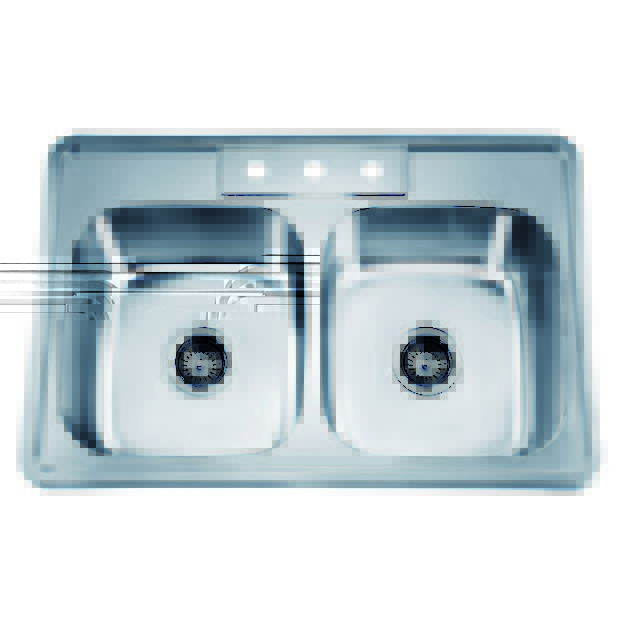DAWN AST102 33 INCH TOP MOUNT EQUAL DOUBLE BOWL SINK WITH THREE PRE-CUT FAUCET HOLES