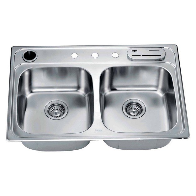 DAWN AST3322 33 INCH TOP MOUNT EQUAL DOUBLE BOWL SINK WITH KNIFE SHELF AND UTENSIL HOLDER