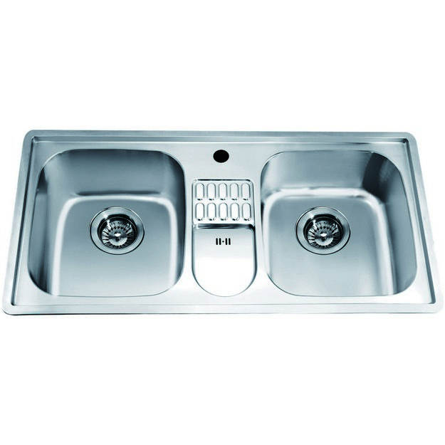 DAWN CH365 38 INCH TOP MOUNT EQUAL DOUBLE BOWL SINK WITH INTEGRAL DRAIN BOARD AND ONE PRE-CUT FAUCET HOLE