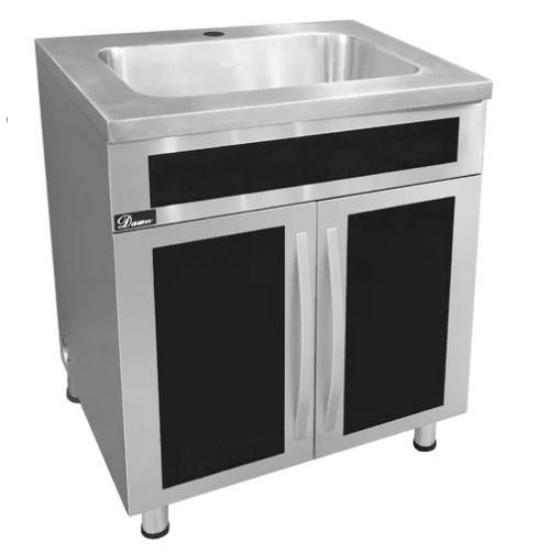 DAWN SSC3036G STAINLESS STEEL SINK BASE CABINET WITH BUILT-IN GARBAGE CAN WITH BLACK TEMPERED GLASS PANELS