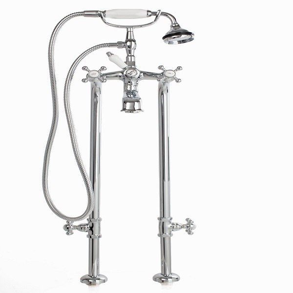 CHEVIOT 5102/3970XL CROSS HANDLES EXTRA TALL FREE-STANDING TUB FILLER WITH HAND SHOWER AND STOP VALVES