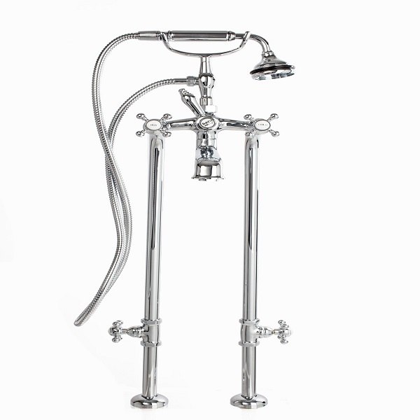 CHEVIOT 5117/3970XL CROSS HANDLES EXTRA TALL FREE-STANDING TUB FILLER WITH HAND SHOWER AND STOP VALVES