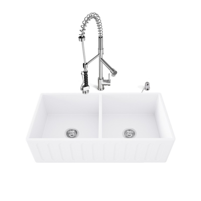 VIGO VG15474 ALL IN ONE 36 INCH MATTE STONE DOUBLE BOWL FARMHOUSE KITCHEN SINK SET WITH ZURICH FAUCET IN STAINLESS STEEL, TWO STRAINERS AND SOAP DISPENSER
