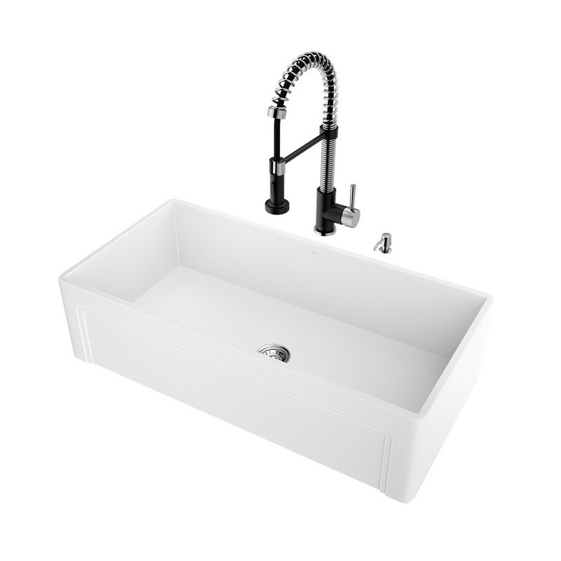 VIGO VG15504 ALL IN ONE 36 INCH CASEMENT FRONT MATTE STONE FARMHOUSE KITCHEN SINK SET WITH EDISON FAUCET IN MATTE BLACK/STAINLESS STEEL, STRAINER AND SOAP DISPENSER