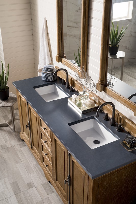 JAMES MARTIN 238-105-5711-3CSP PROVIDENCE 72 INCH DOUBLE VANITY CABINET IN DRIFTWOOD WITH 3 CM CHARCOAL SOAPSTONE QUARTZ TOP WITH SINK