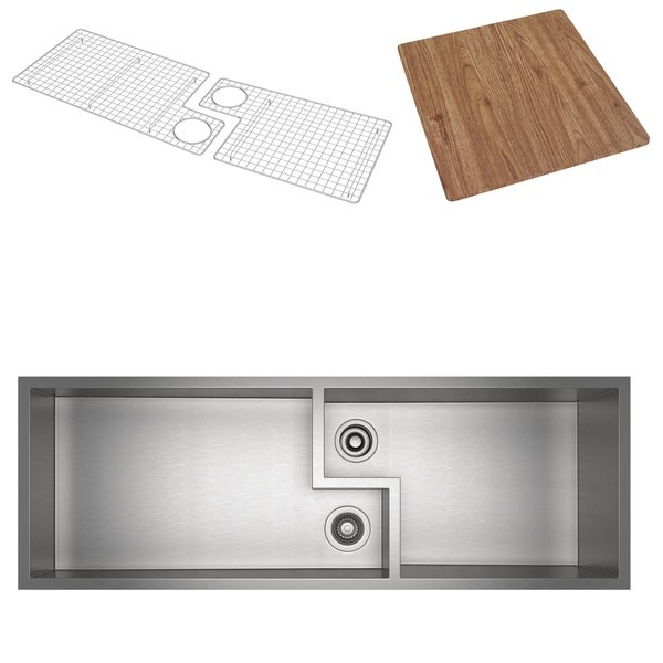 ROHL RUWKIT49161SB CULINARIO 51-5/8 INCH RECTANGULAR UNDERMOUNT DOUBLE BOWL KITCHEN SINK WITH CUTTING BOARD IN BRUSHED STAINLESS STEEL