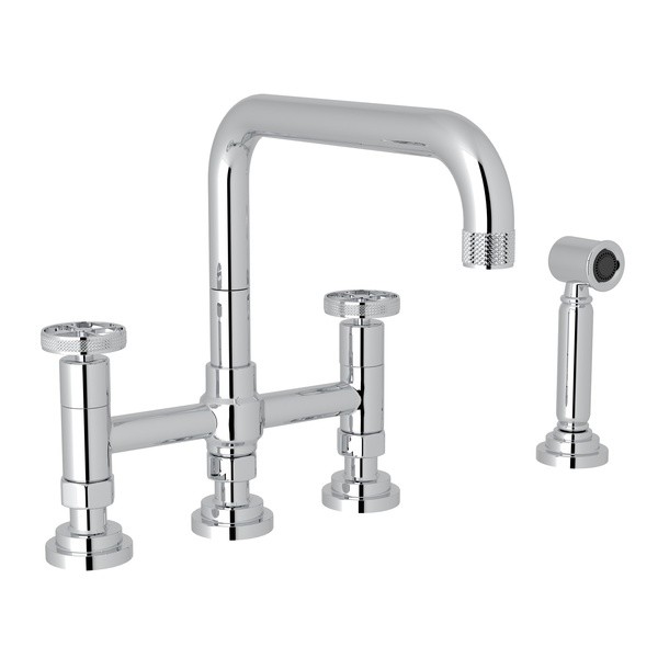 ROHL A3358IWWS-2 COUNTRY CAMPO DECK MOUNT U-SPOUT 3 LEG BRIDGE KITCHEN FAUCET WITH SIDESPRAY, CAMPO WHEEL