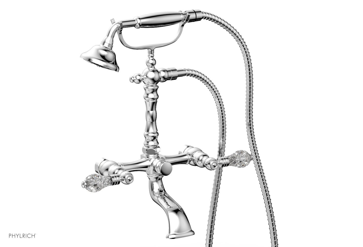 PHYLRICH K2393-16 CUT CRYSTAL TWO HOLES WALL MOUNT EXPOSED TUB FILLER WITH HAND SHOWER AND LEVER HANDLE