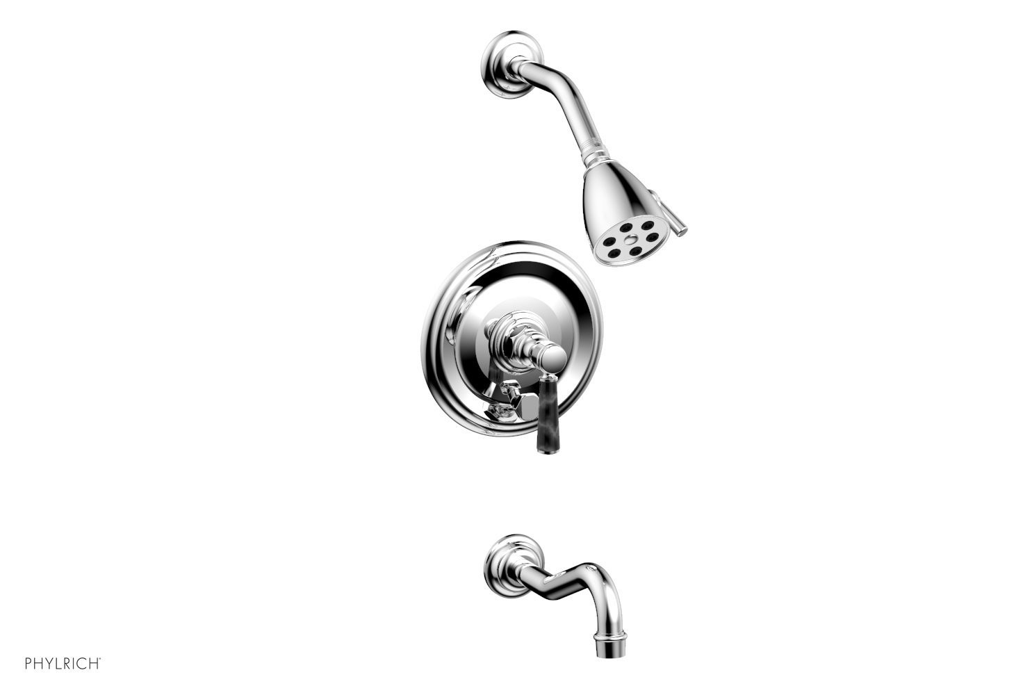 PHYLRICH 161-28-030 HENRI WALL MOUNT PRESSURE BALANCE TUB AND SHOWER SET WITH BLACK MARBLE LEVER HANDLE