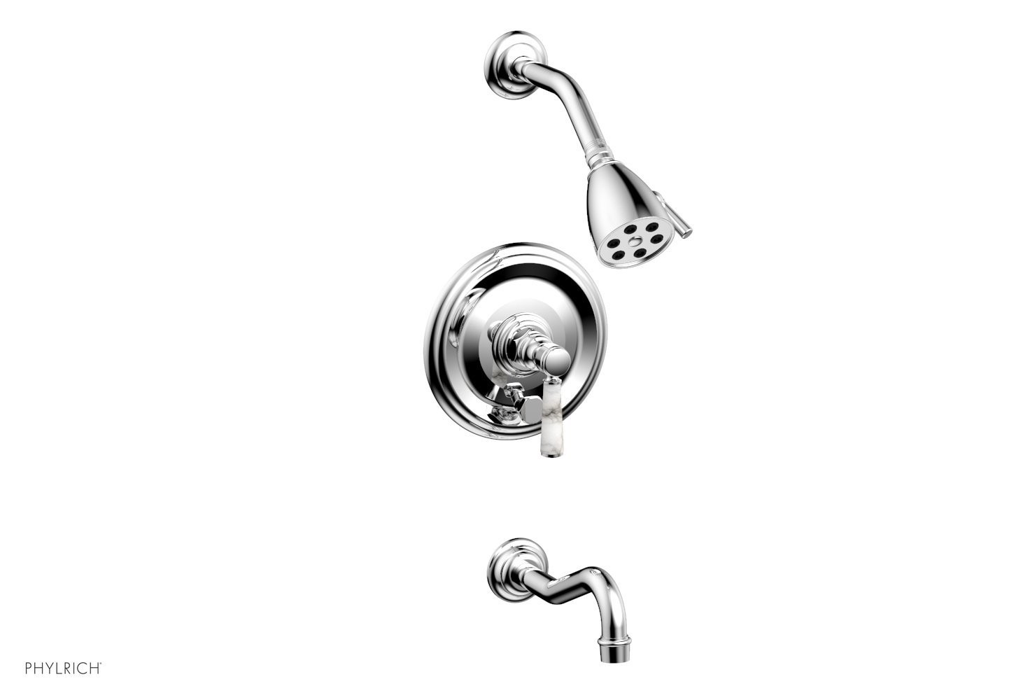 PHYLRICH 161-28-031 HENRI WALL MOUNT PRESSURE BALANCE TUB AND SHOWER SET WITH WHITE MARBLE LEVER HANDLE