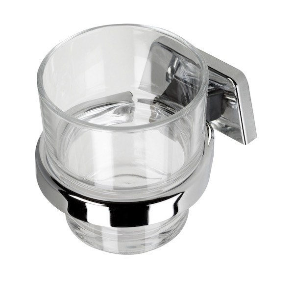 GEESA 7138-HG STANDARD HOTEL CLEAR GLASS WALL MOUNTED BATHROOM TUMBLER WITH CHROME HOLDER