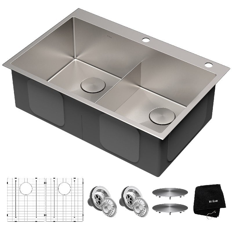 KRAUS KHT302-33 STANDART PRO 33 INCH 16 GAUGE DOUBLE BOWL TOPMOUNT STAINLESS STEEL KITCHEN SINK