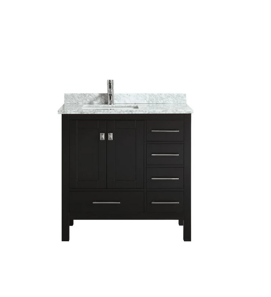 EVIVA TVN414-36X18 LONDON 36 INCH TRANSITIONAL BATHROOM VANITY WITH WHITE CARRARA MARBLE COUNTERTOP