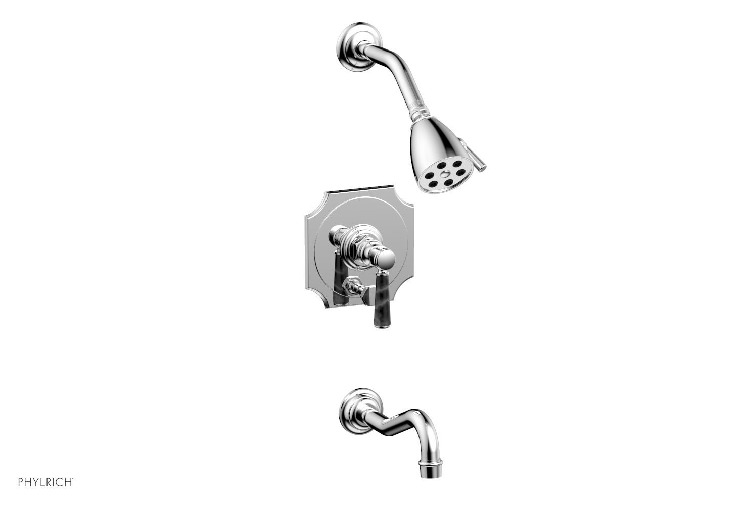 PHYLRICH 161-31-030 HENRI WALL MOUNT PRESSURE BALANCE TUB AND SHOWER SET WITH BLACK MARBLE LEVER HANDLE
