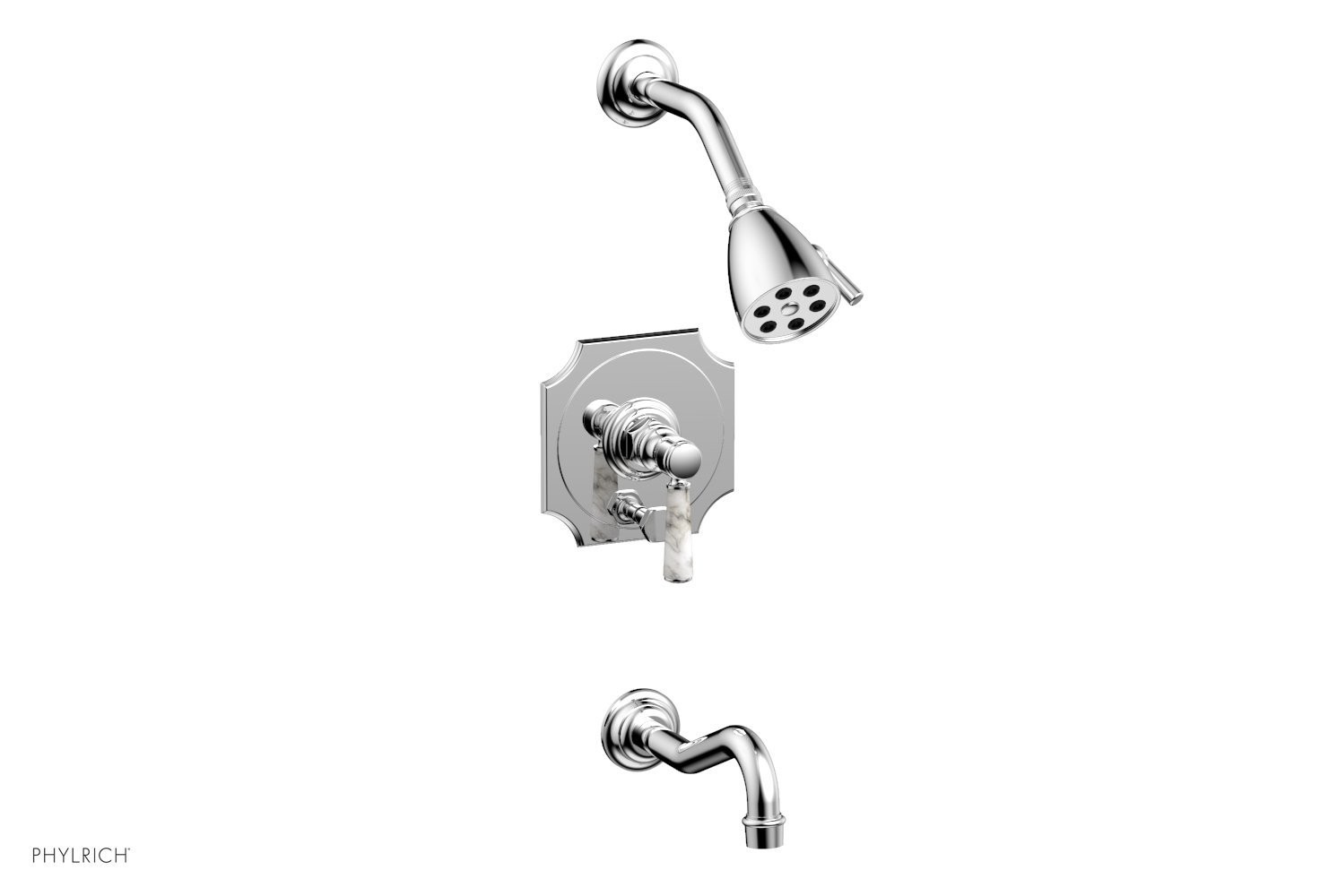 PHYLRICH 161-31-031 HENRI WALL MOUNT PRESSURE BALANCE TUB AND SHOWER SET WITH WHITE MARBLE LEVER HANDLE