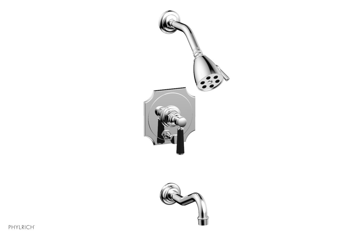 PHYLRICH 161-31-040 HENRI WALL MOUNT PRESSURE BALANCE TUB AND SHOWER SET WITH SATIN BLACK LEVER HANDLE