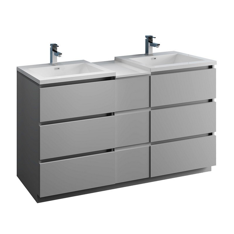 FRESCA FCB93-241224GR-D-I LAZZARO 60 INCH GRAY FREE STANDING DOUBLE SINK MODERN BATHROOM CABINET WITH INTEGRATED SINKS