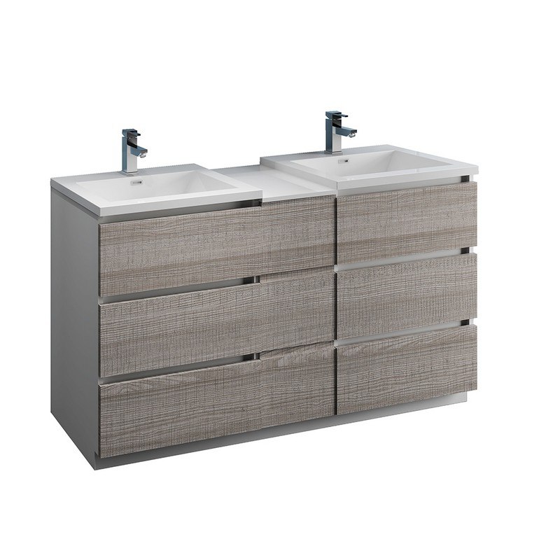 FRESCA FCB93-241224HA-D-I LAZZARO 60 INCH GLOSSY ASH GRAY FREE STANDING DOUBLE SINK MODERN BATHROOM CABINET WITH INTEGRATED SINKS