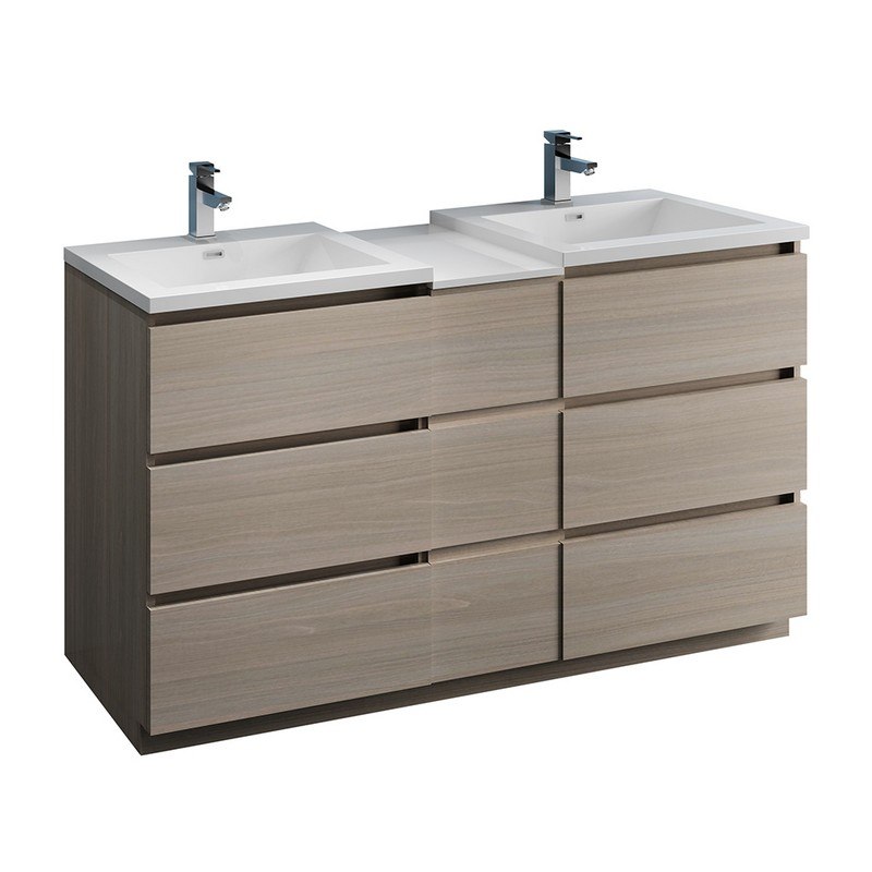 FRESCA FCB93-241224MGO-D-I LAZZARO 60 INCH GRAY WOOD FREE STANDING DOUBLE SINK MODERN BATHROOM CABINET WITH INTEGRATED SINKS