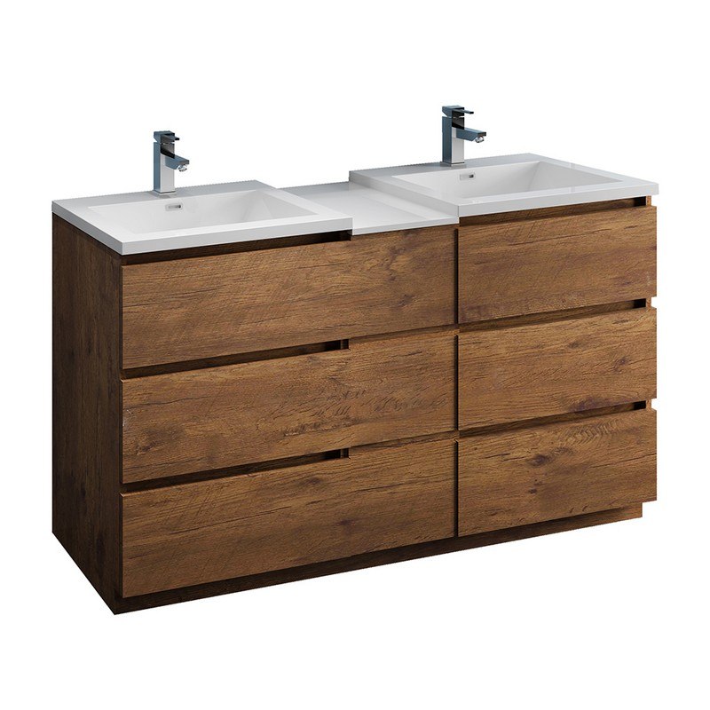 FRESCA FCB93-241224RW-D-I LAZZARO 60 INCH ROSEWOOD FREE STANDING DOUBLE SINK MODERN BATHROOM CABINET WITH INTEGRATED SINKS