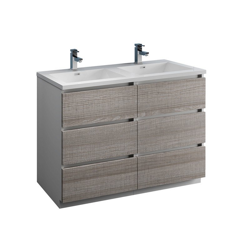 FRESCA FCB93-2424HA-D-I LAZZARO 48 INCH GLOSSY ASH GRAY FREE STANDING MODERN BATHROOM CABINET WITH INTEGRATED DOUBLE SINK