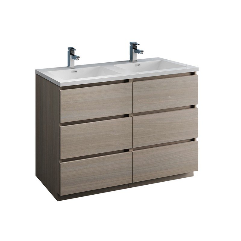 FRESCA FCB93-2424MGO-D-I LAZZARO 48 INCH GRAY WOOD FREE STANDING MODERN BATHROOM CABINET WITH INTEGRATED DOUBLE SINK