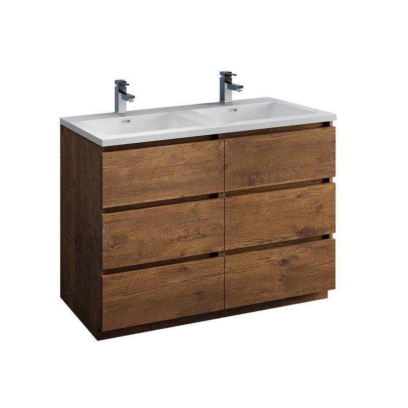 FRESCA FCB93-2424RW-D-I LAZZARO 48 INCH ROSEWOOD FREE STANDING MODERN BATHROOM CABINET WITH INTEGRATED DOUBLE SINK