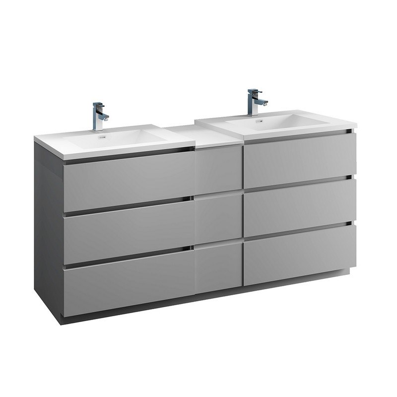 FRESCA FCB93-301230GR-D-I LAZZARO 72 INCH GRAY FREE STANDING DOUBLE SINK MODERN BATHROOM CABINET WITH INTEGRATED SINKS