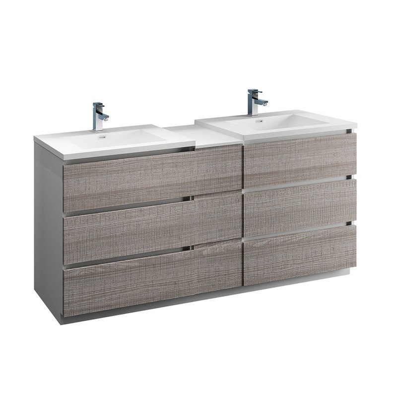 FRESCA FCB93-301230HA-D-I LAZZARO 72 INCH GLOSSY ASH GRAY FREE STANDING DOUBLE SINK MODERN BATHROOM CABINET WITH INTEGRATED SINKS