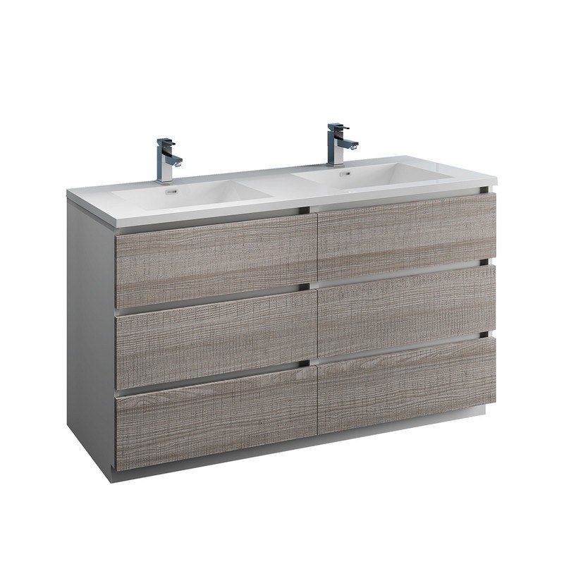 FRESCA FCB93-3030HA-D-I LAZZARO 60 INCH GLOSSY ASH GRAY FREE STANDING MODERN BATHROOM CABINET WITH INTEGRATED DOUBLE SINK
