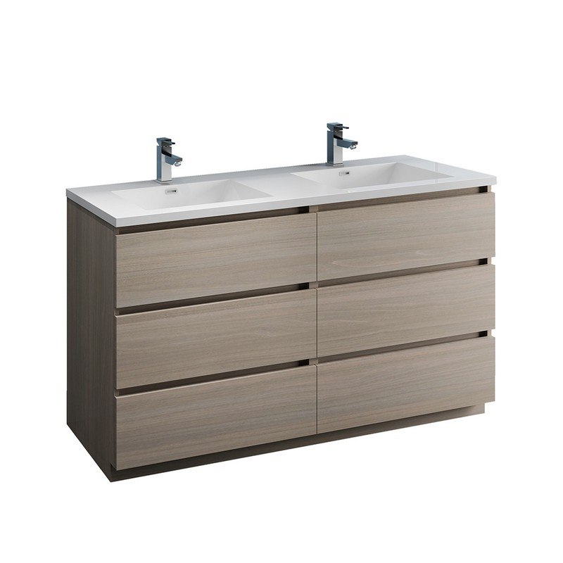 FRESCA FCB93-3030MGO-D-I LAZZARO 60 INCH GRAY WOOD FREE STANDING MODERN BATHROOM CABINET WITH INTEGRATED DOUBLE SINK