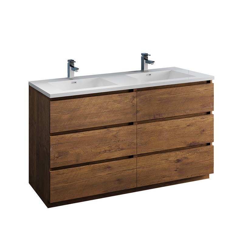 FRESCA FCB93-3030RW-D-I LAZZARO 60 INCH ROSEWOOD FREE STANDING MODERN BATHROOM CABINET WITH INTEGRATED DOUBLE SINK